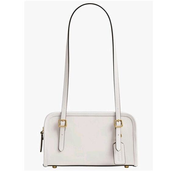 NWT Coach Originals Swing Zip Bag 20 Brass/Chalk White Crinkle Patent Leather - Picture 1 of 6